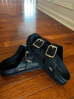 AMIAN Black Woven Double-Buckle Slide Sandals with Gold Buckles